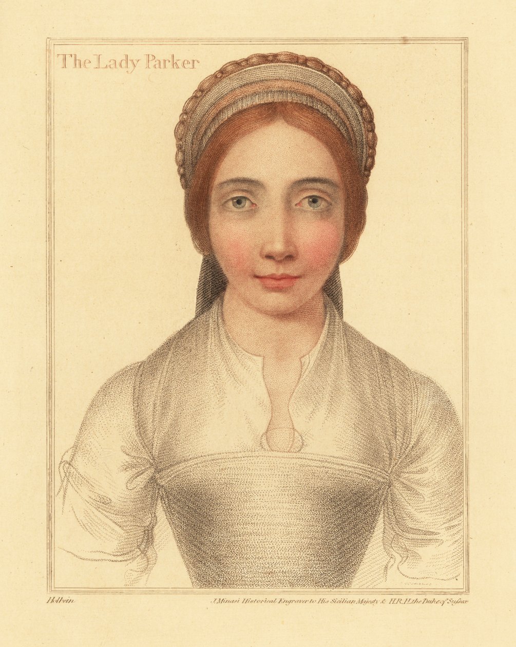 Lady Parker, moglie di Sir Henry Parker (incisione) da Hans (after) Holbein the Younger