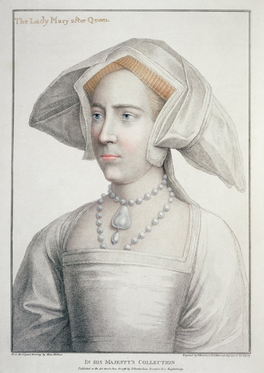 Ritratto di Lady Mary dopo la Regina (1516-58) inciso da Francesco Bartolozzi (1727-1815) 1796 (incisione) da Hans (after) Holbein the Younger