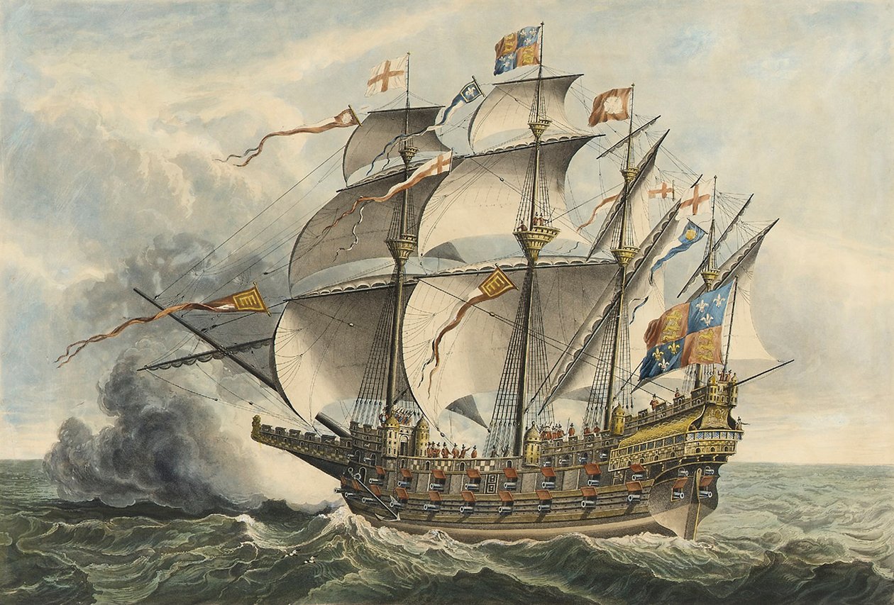 La Grande Harry, la prima nave da guerra che trasportava cannoni, costruita a Woolwich durante il regno di Enrico VIII da Hans (after) Holbein the Younger