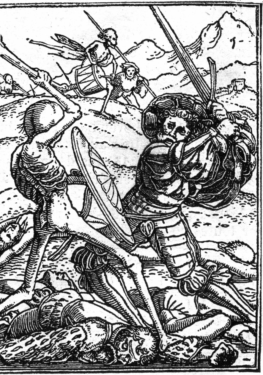 La falsa morte di Hans Holbein il Giovane: il soldato. Un soldato combatte la Morte; ai loro piedi giacciono i corpi di altri guerrieri. Incisione da Hans (after) Holbein the Younger