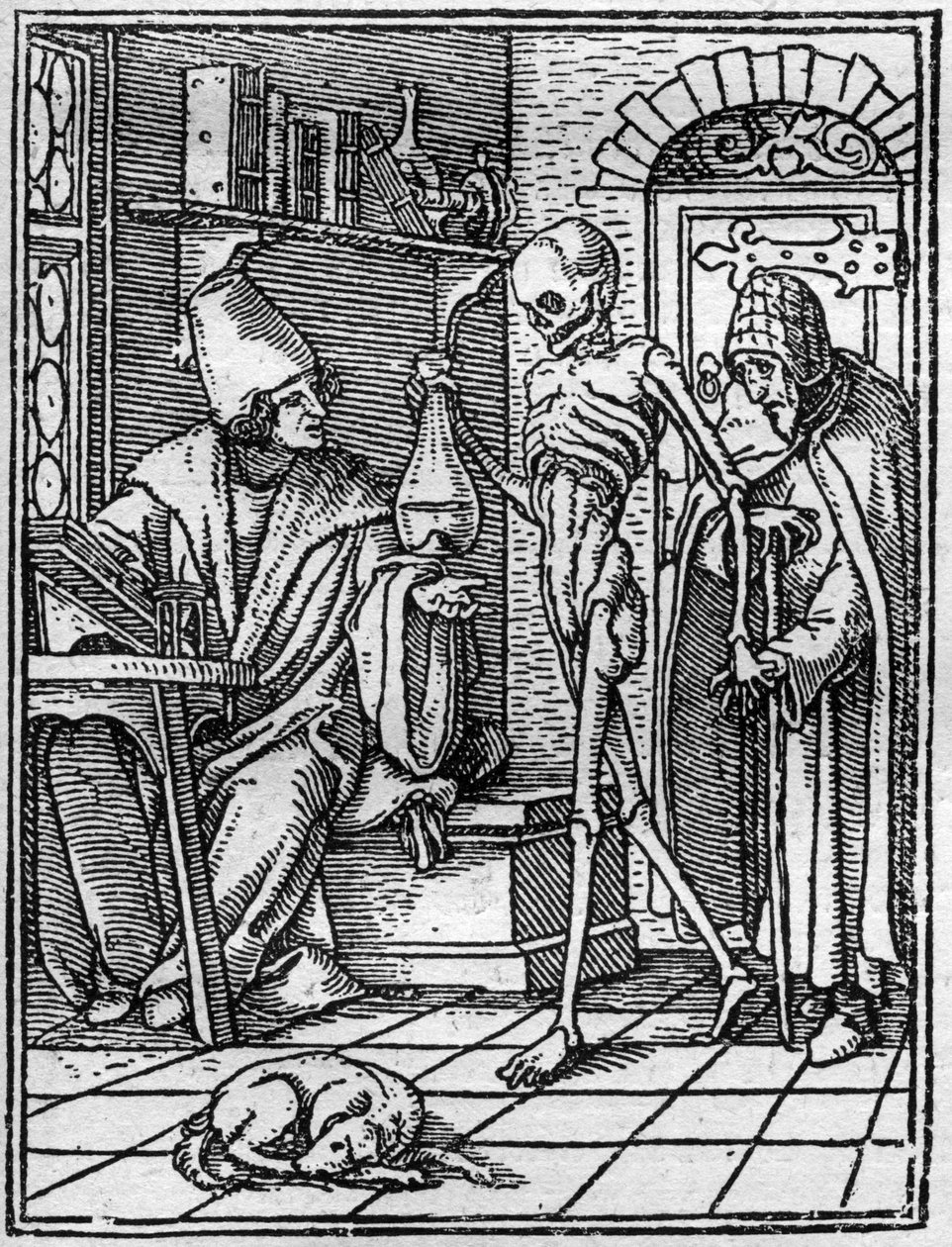 Le simulazioni della morte di Hans Holbein il Giovane: il dottore. La Morte si interpone tra il dottore e il suo paziente. Incisione da Hans (after) Holbein the Younger
