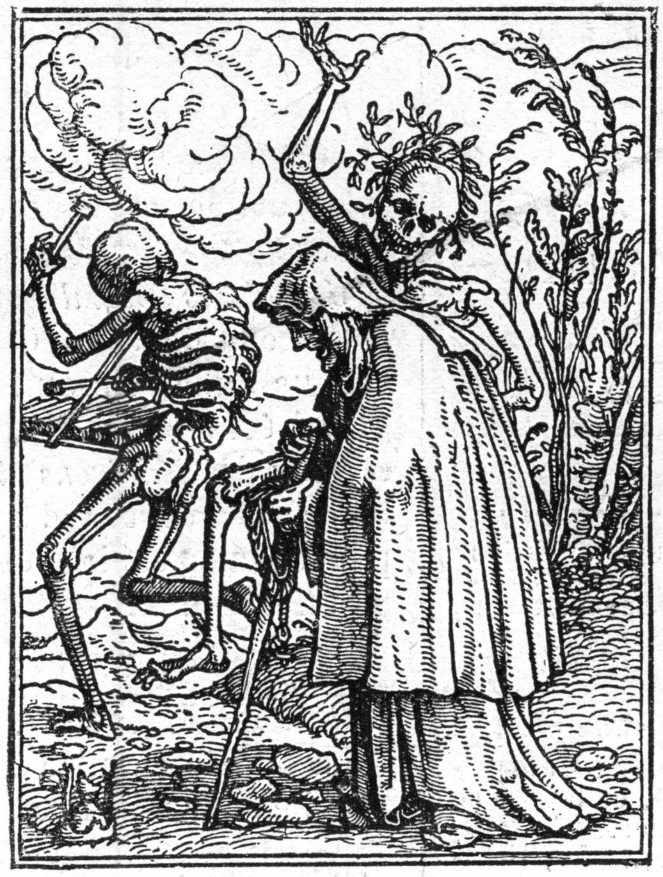 Le simulazioni della morte di Hans Holbein il Giovane (1497-1543): la vecchia. La morte accompagna una vecchia signora al suo destino. Incisione. da Hans (after) Holbein the Younger