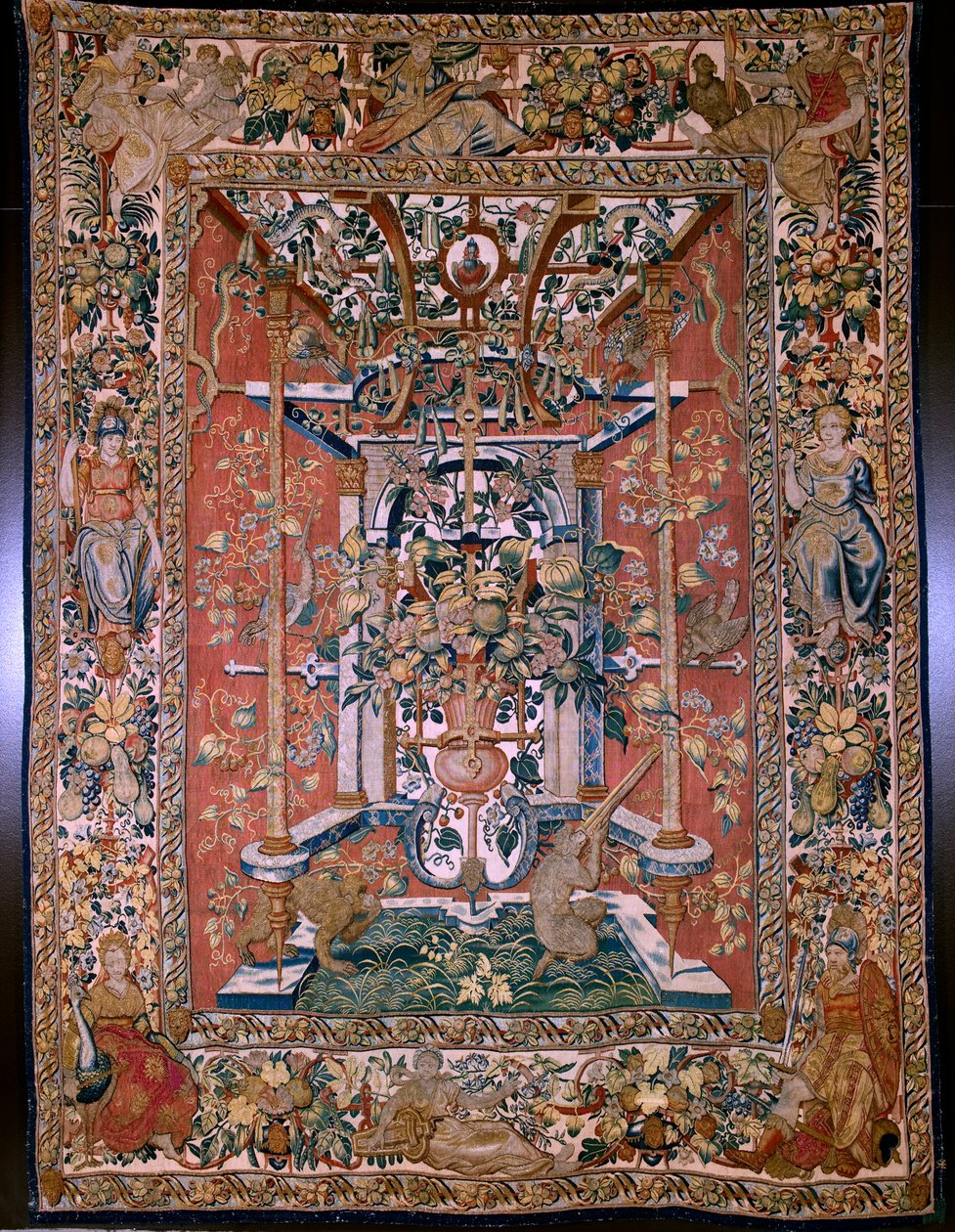 Arazzo fiammingo. Serie di grottesche con scimmie: Scimmie che sparano con un archibugio. Cartonista Hans Vredeman de Vries (?). Atelier Seger Bombeck, Bruxelles. 1542-1560. da Hans (after) Vredeman de Vries