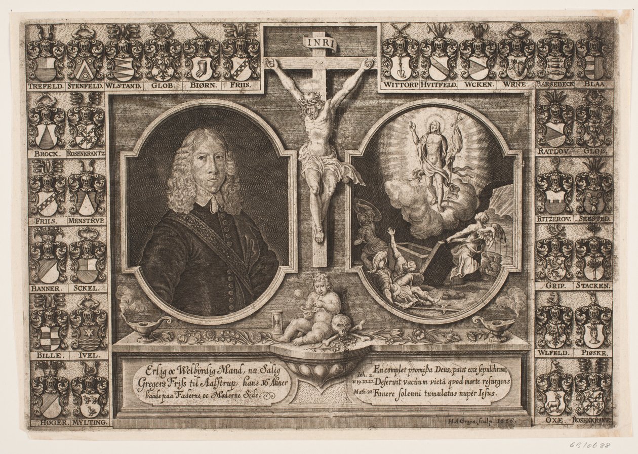 Gregers Friis ad Ålstrup e Cristo sulla croce e la resurrezione di Cristo. Circondato da scudi araldici da Hans Andreas Greys