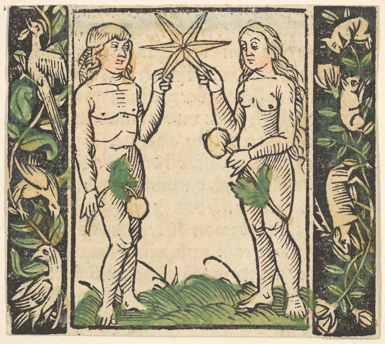 Adamo ed Eva che Tengono una Stella, illustrazione da Beschlossen Gart des Rosenkranz Mariae da Hans Baldung