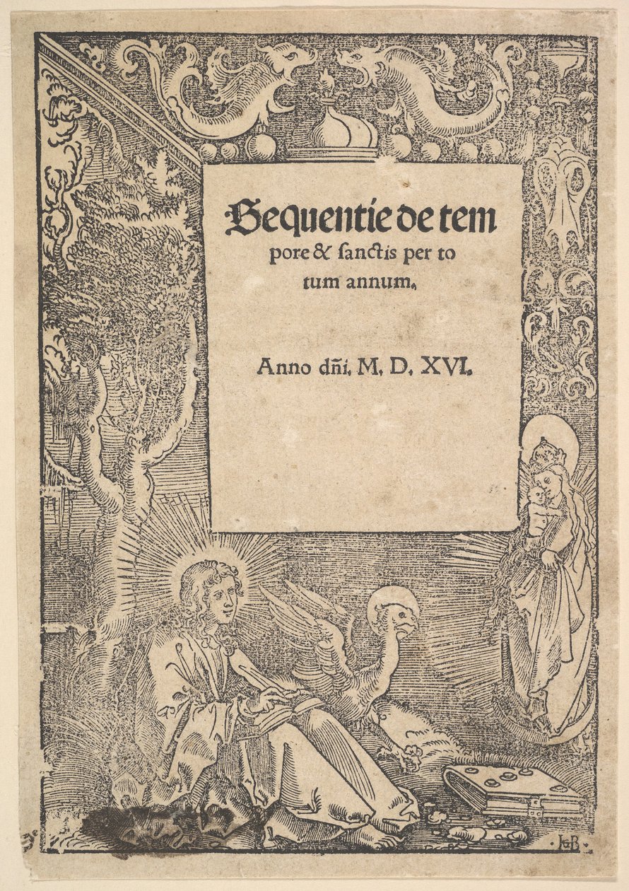 San Giovanni Evangelista a Patmos, pagina del titolo da Hymni de tempore et de sanctis, 1516 da Hans Baldung