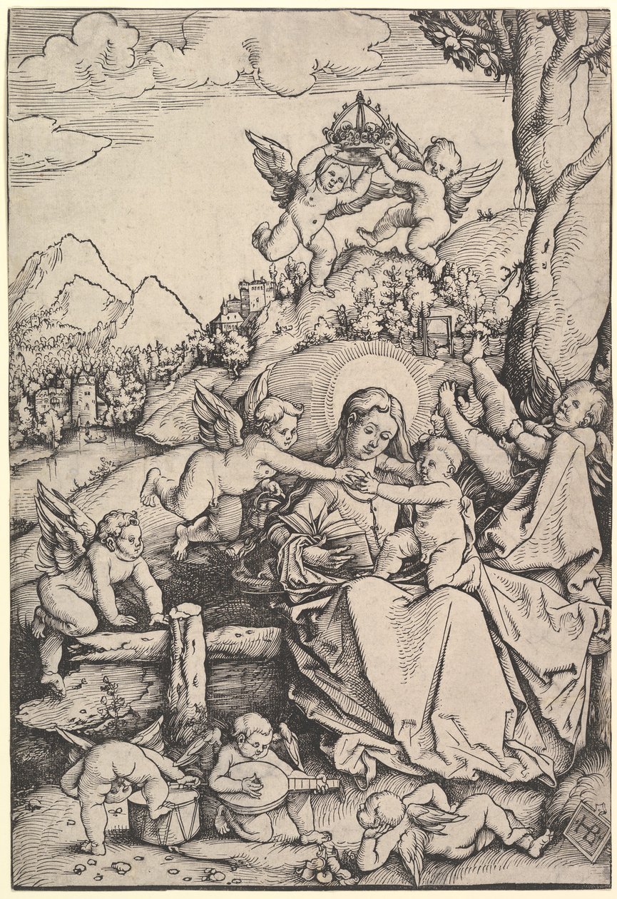 La Vergine e il Bambino con Otto Angeli in un Paesaggio da Hans Baldung