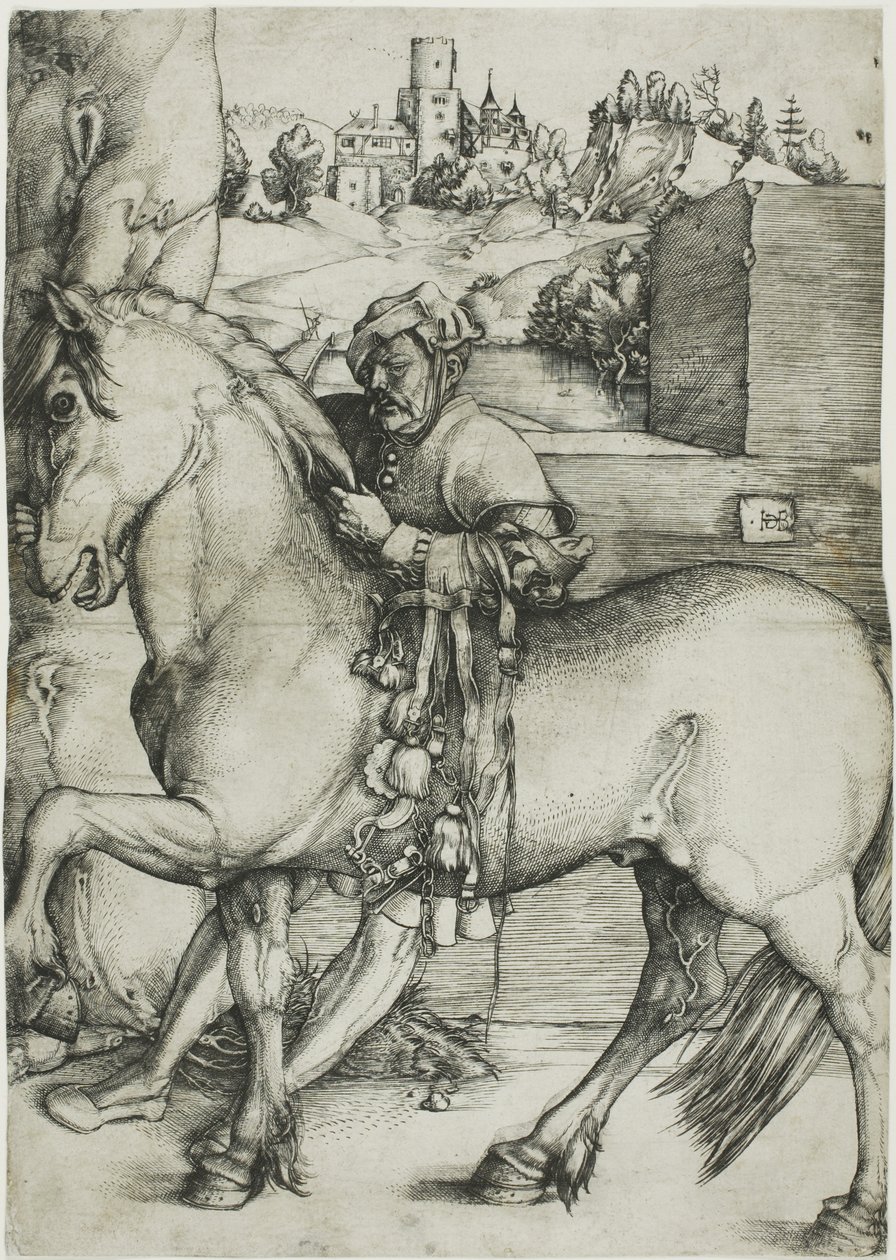 Un groom che mette la briglia a un cavallo da Hans Baldung Grien