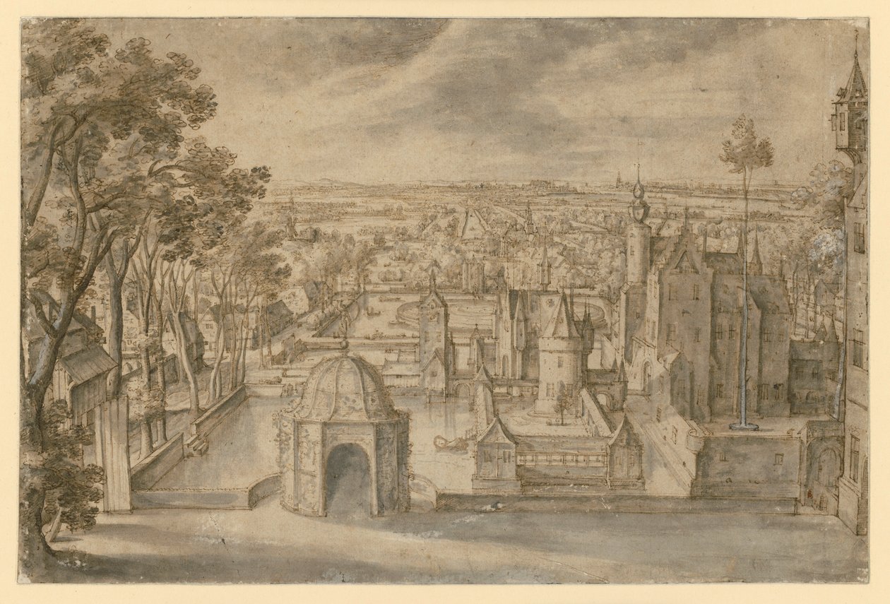 Un castello con diverse torri in un vasto paesaggio pianeggiante tra laghetti. Un padiglione da giardino circolare al centro del primo piano. A sinistra, un viale alberato da Hans Bol