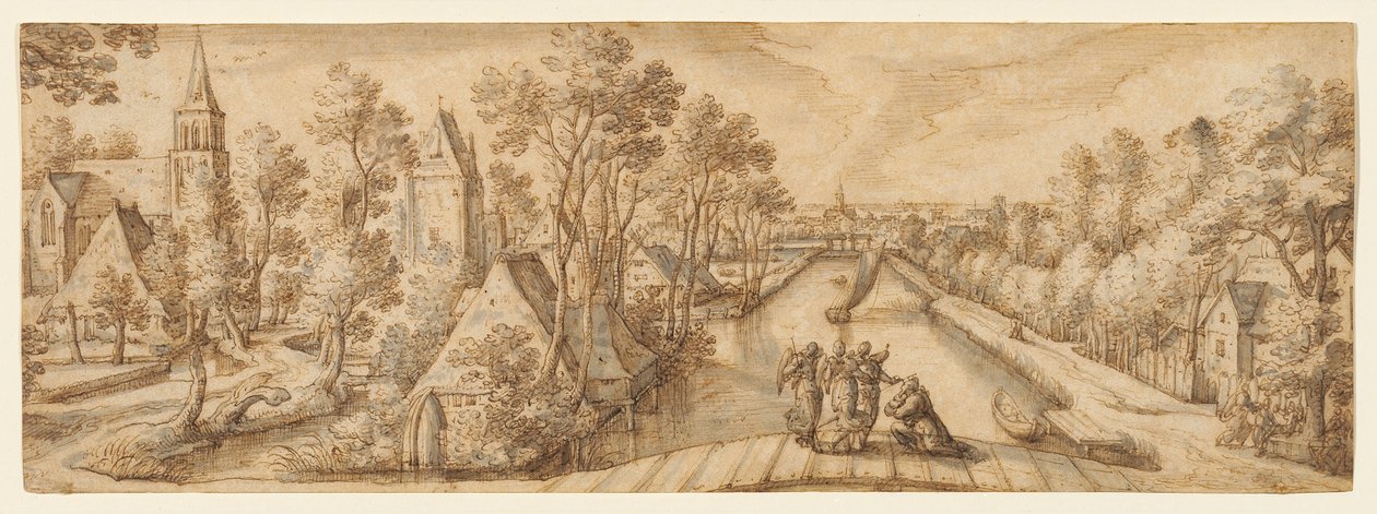 Veduta di Delfgauw, con Abramo e i tre angeli da Hans Bol