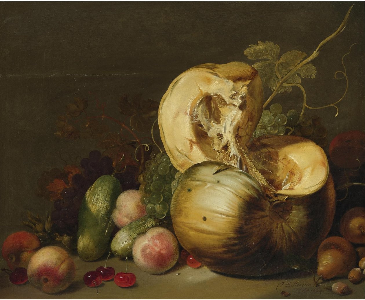 Natura morta con zucca, pesche, uva, ciliegie e altra frutta da Hans Bollongier