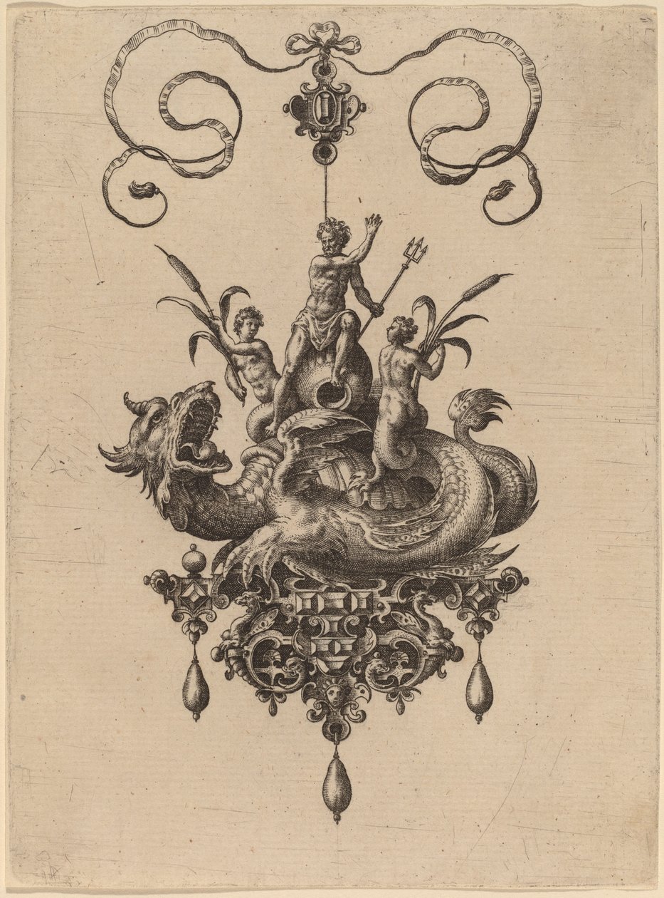 Progetto per un pendente con un mostro marino che trasporta Nettuno affiancato da due nereidi da Hans Collaert the Elder