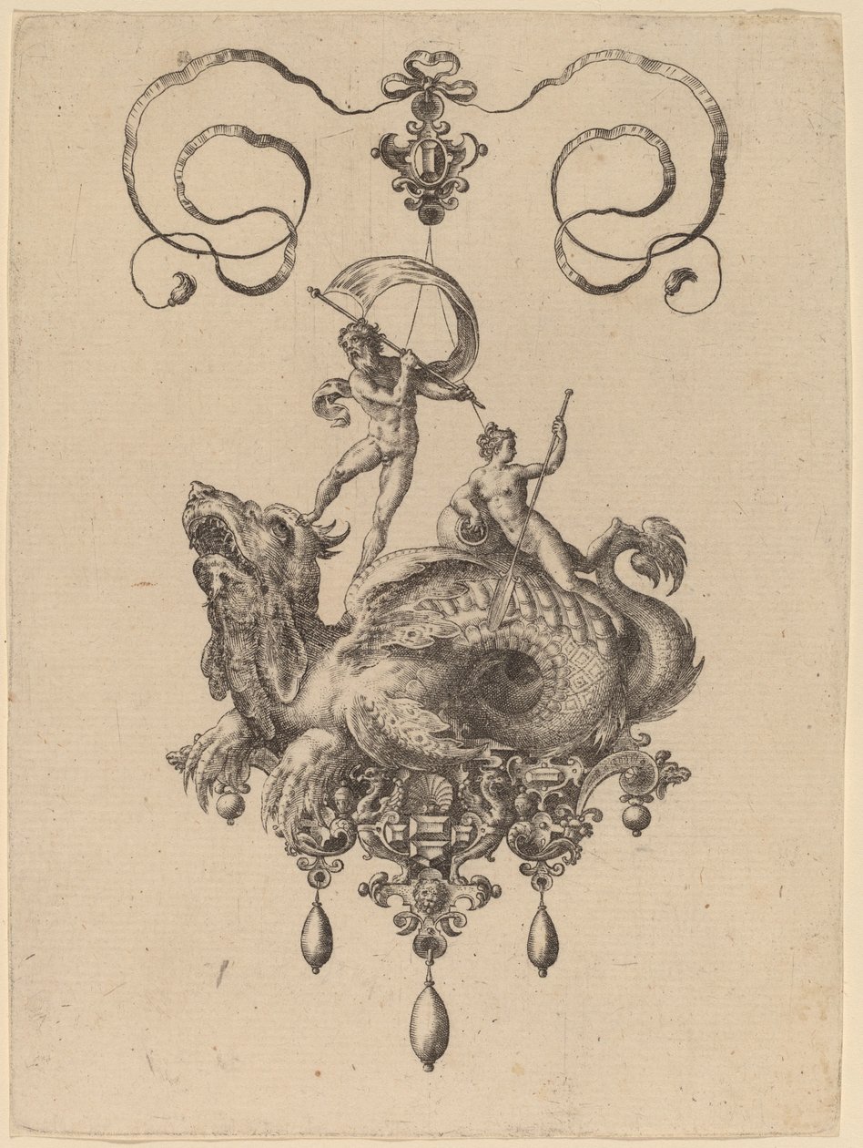 Design per un pendente con un mostro marino che trasporta Teti e un uomo con una vela da Hans Collaert the Elder