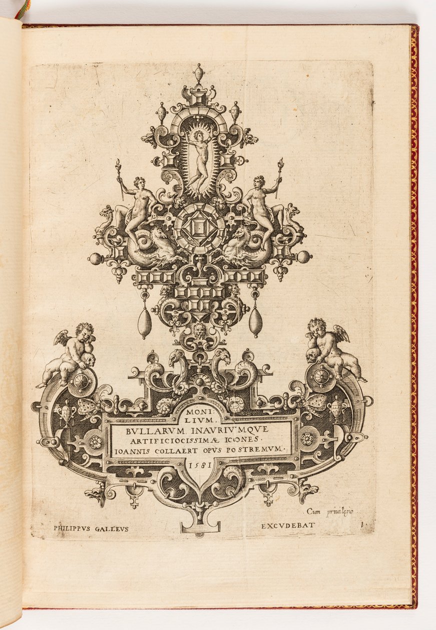 Pagina del titolo da una suite di dieci, intitolata Monilium Bullarum Inauriumque Artificiocissimae Icones, Ioannis Collaert Opus Postremum (Disegni per Collane, Pendenti e Orecchini di Massima Abilità, l