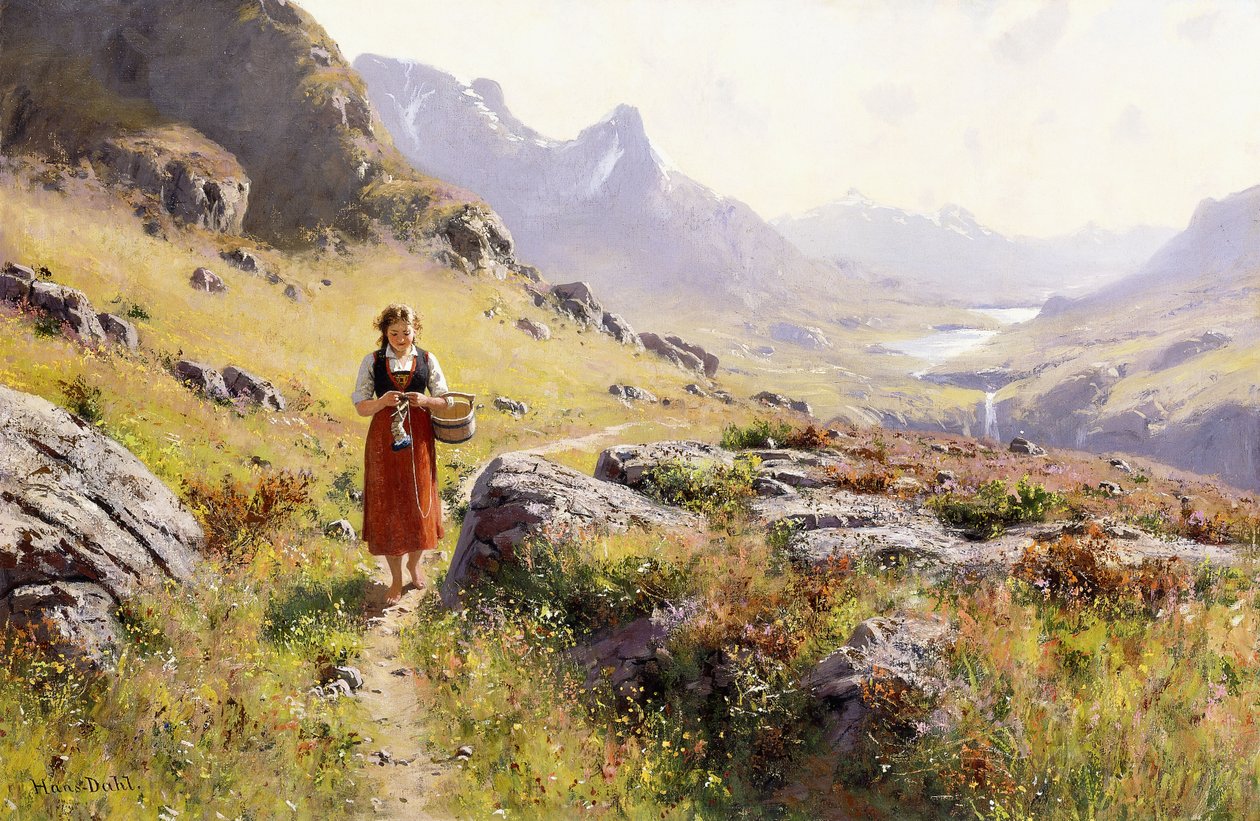 Lavorando a Maglia in un Paesaggio Norvegese da Hans Dahl