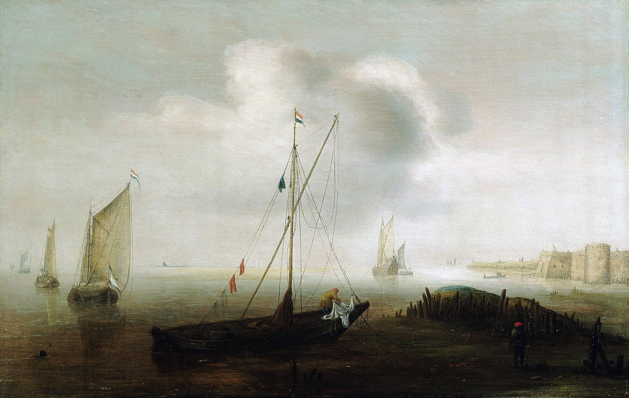 Una barca da pesca, con la bandiera olandese, vela abbassata, vicino alla riva, una figura sulla barca, con un impermeabile giallo, manovra la vela da Hans Goderis