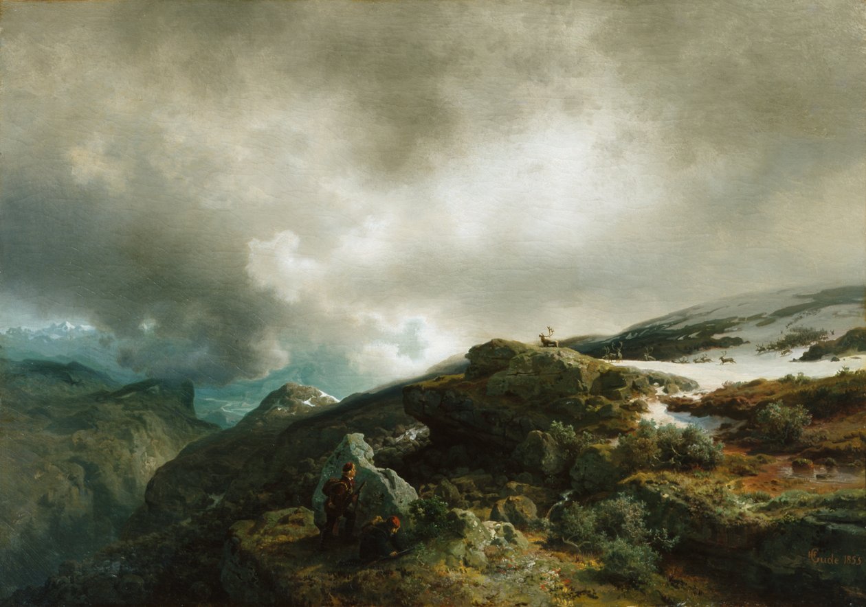 Paesaggio di alta montagna con cacciatori di renne da Hans Gude