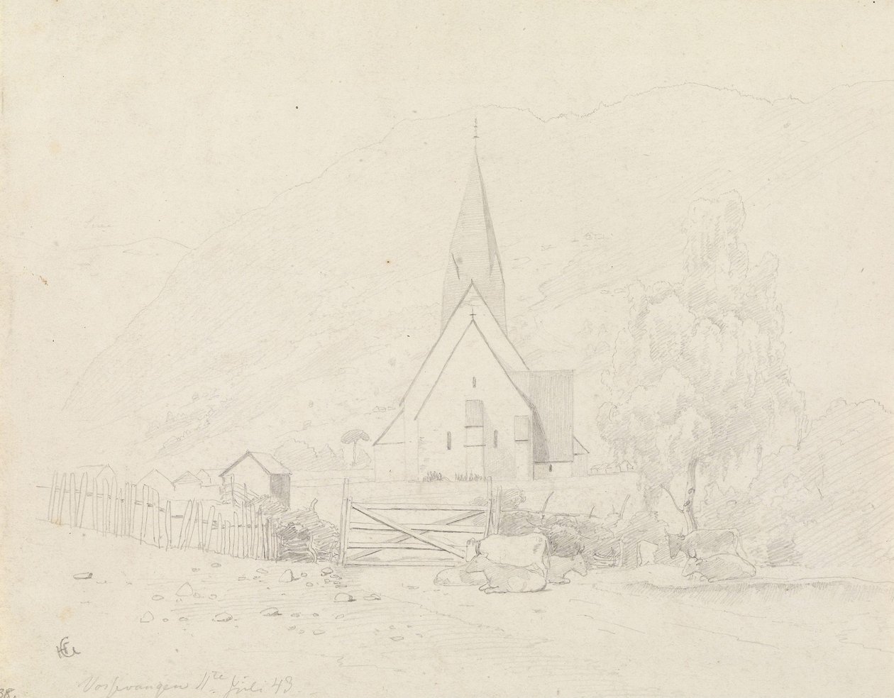 Vossevangen con la chiesa di Voss da Hans Gude