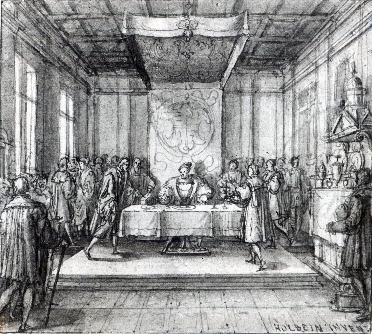 Enrico VIII nella sua camera privata (penna, inchiostro e lavaggio su carta) da Hans Holbein der Jüngere