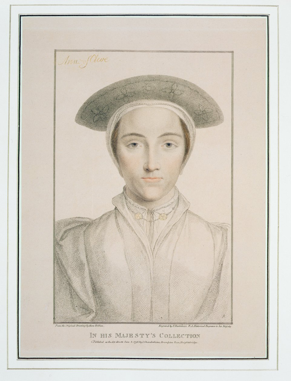 Ritratto di Anna di Clèves (1515-57) inciso da Francesco Bartolozzi, pubblicato nel 1796 da Hans Holbein der Jüngere