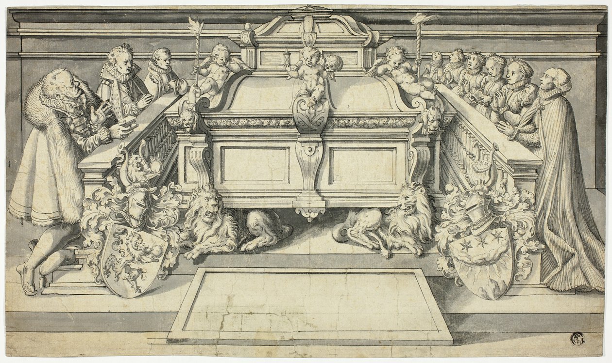 Progetto di epitaffio: Membri della famiglia inginocchiati davanti alla tomba da Hans Holbein the Younger