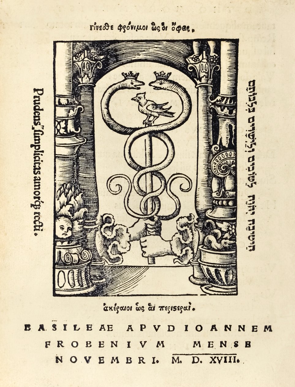 Marchio tipografico di Johann Frobens (c.1460-1527) che mostra due mani che tengono il caduceo dall