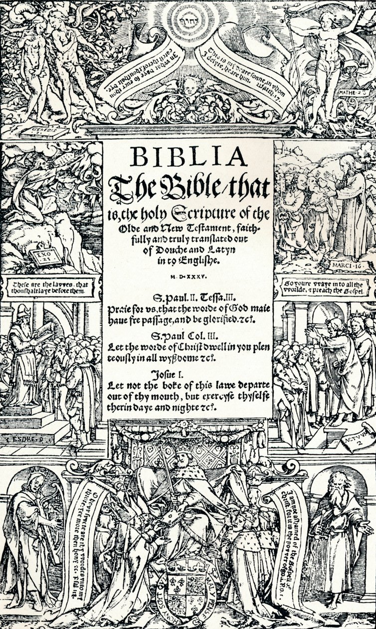 Pagina del titolo della Bibbia inglese di Coverdale, 1535 da Hans Holbein der Jüngere