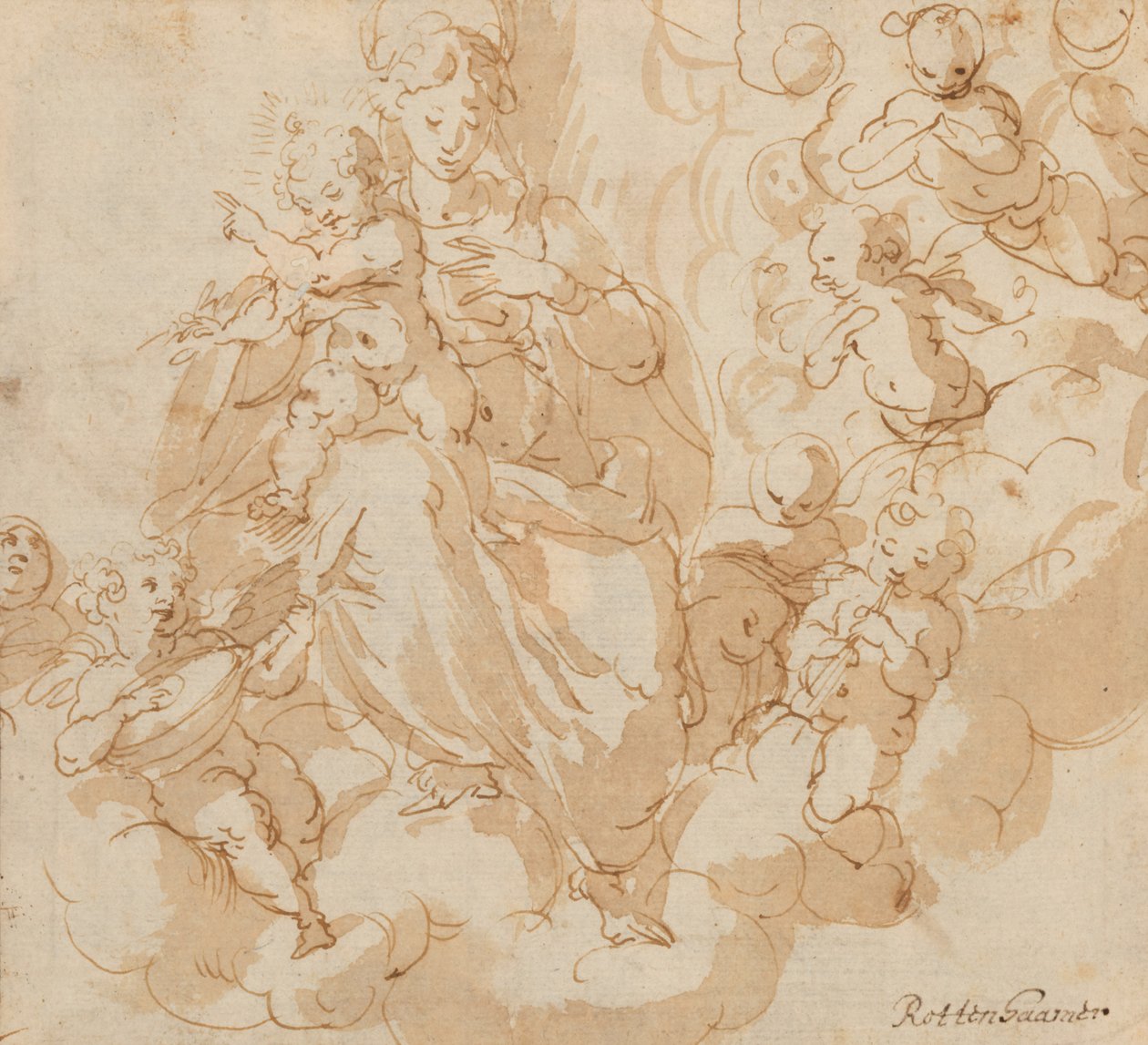 La Vergine e il Bambino seduti sulle nuvole, circondati da putti da Hans I or Johann Rottenhammer