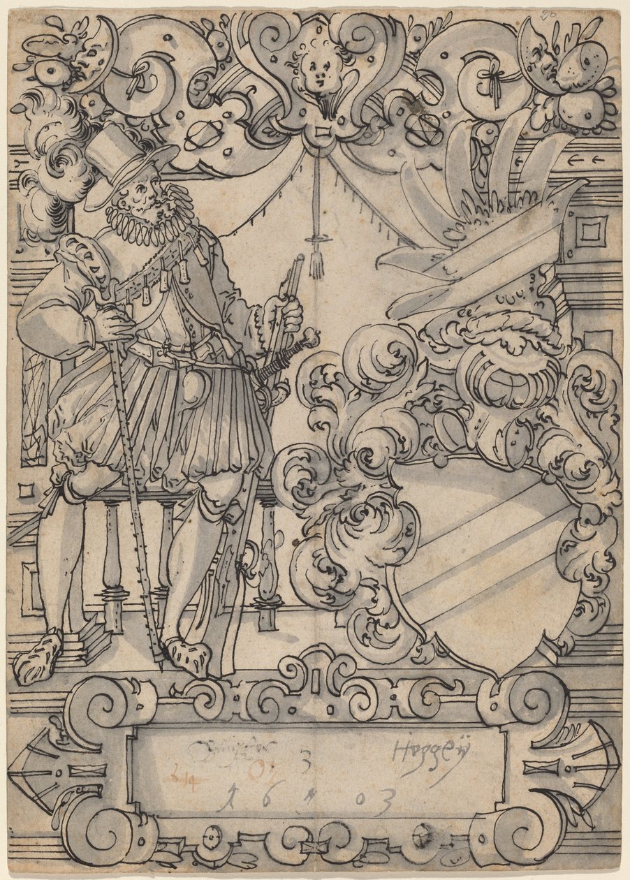 Un donatore con uno stemma (Schildbegleiter und Wappenschild mit Schrägbalken) da Hans Jegli II