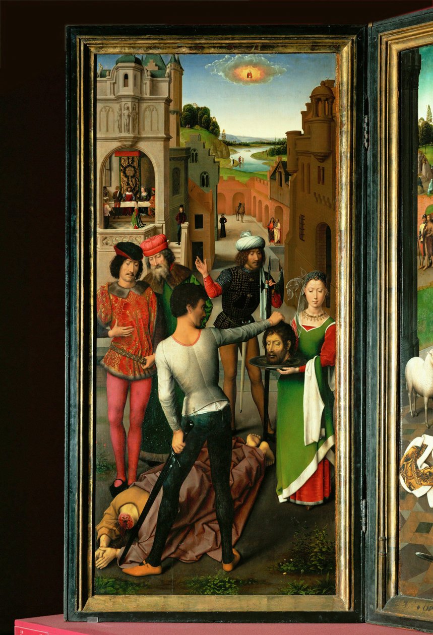 Pala di San Giovanni Battista e San Giovanni Evangelista. A sinistra: decapitazione di San Giovanni Battista (dipinto su quercia). da Hans Memling