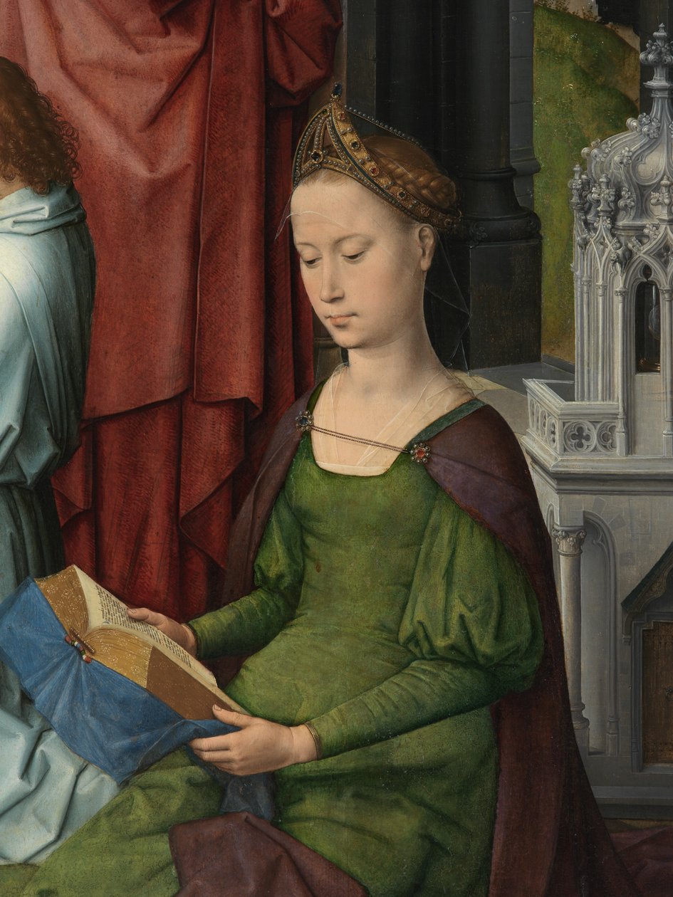 Hl. Barbara, Detail der Zentraltafel des Triptychons von Johannes dem Täufer und Johannes dem Evangelisten von Hans Memling