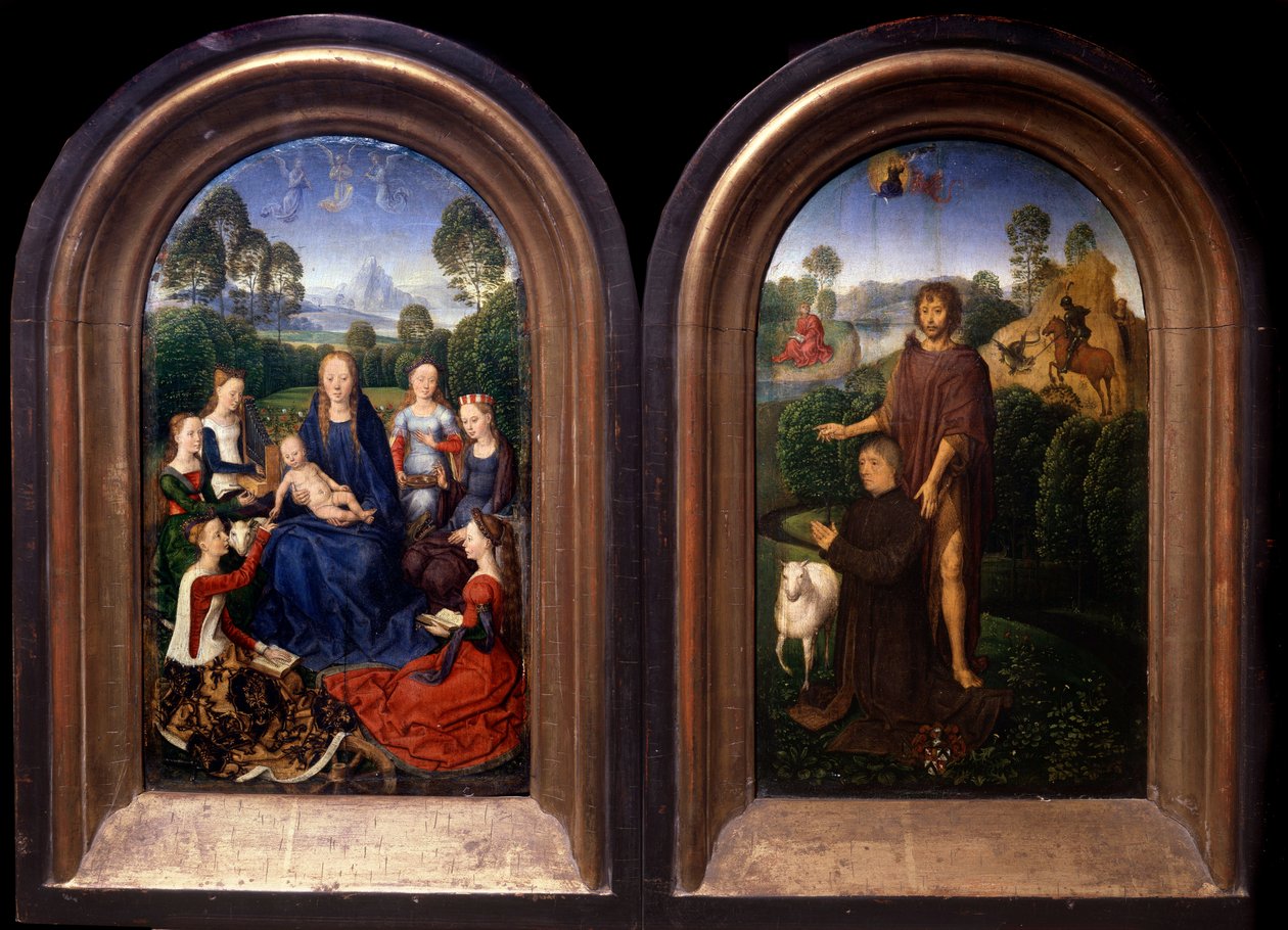 La Vergine e il Bambino circondati da Santi, il Donatore e San Giovanni Battista. Dittico - Dipinto di Hans Memling da Hans Memling