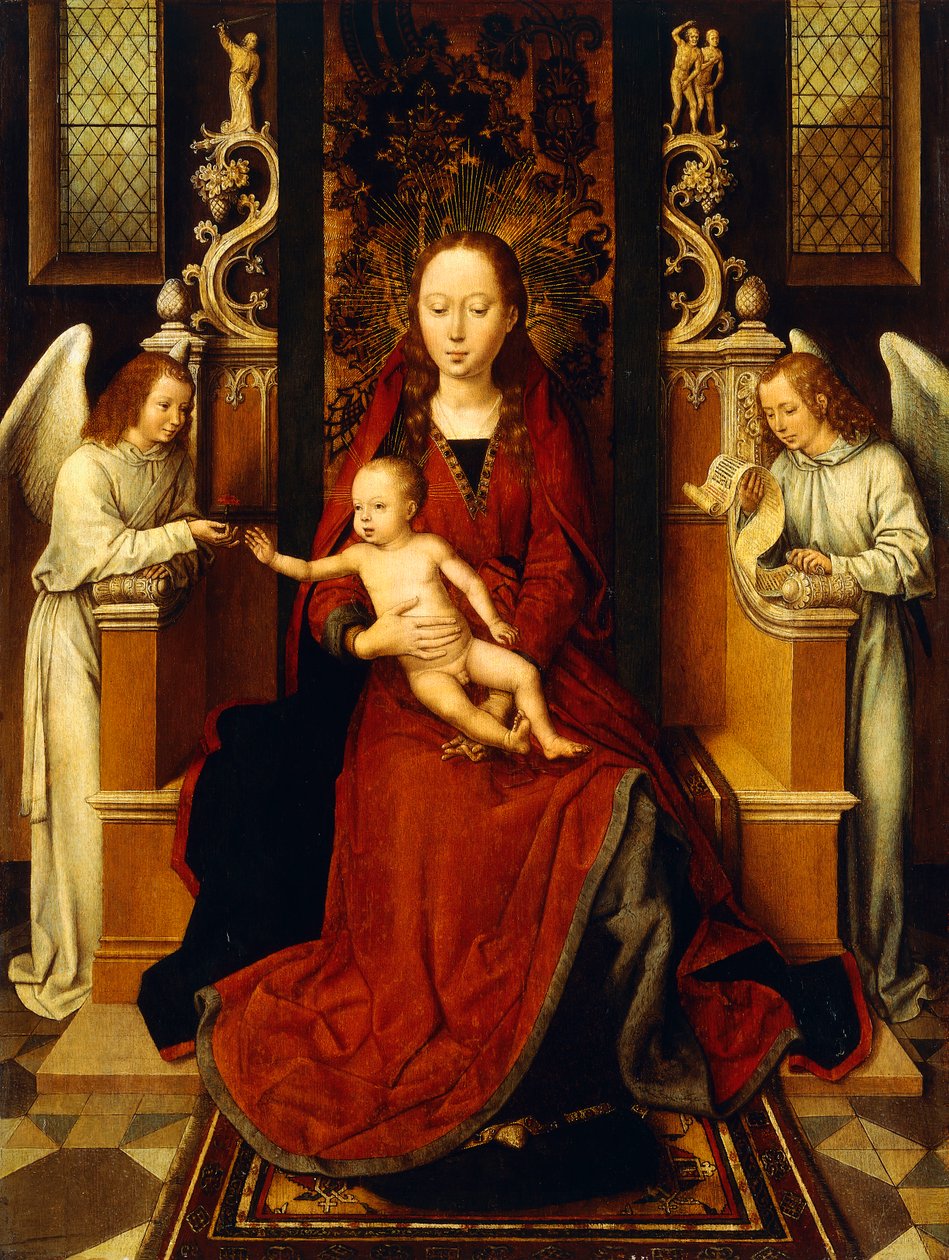 La Vergine e il Bambino in trono con due angeli da Hans Memling