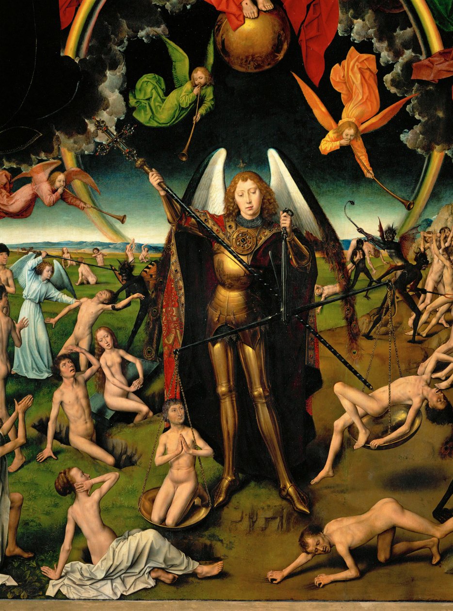Trittico con il Giudizio Universale: particolare del pannello centrale: Arcangelo Michele (trittico su tavola) da Hans Memling