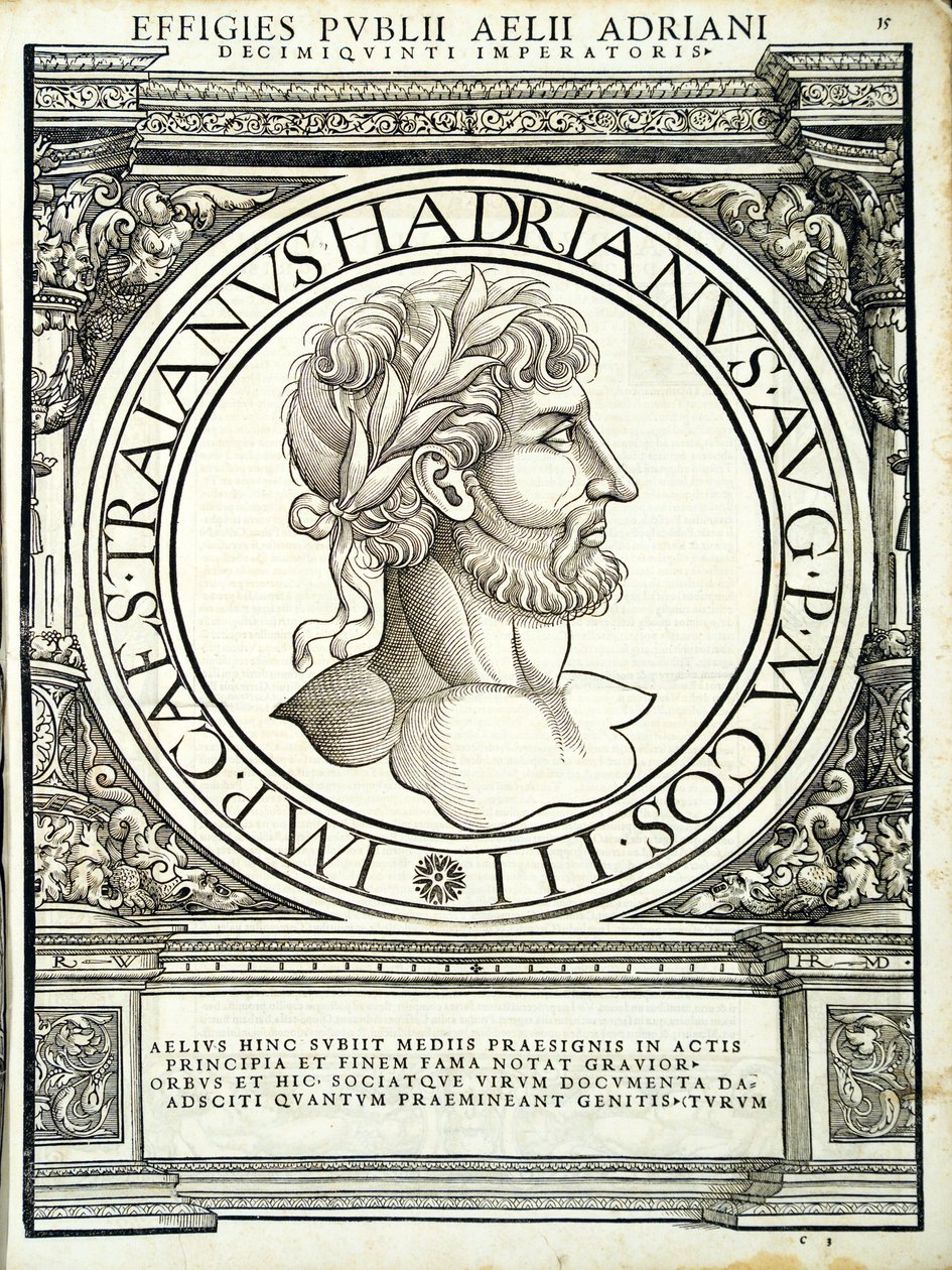 Elio Adriano, illustrazione da Imperatorum romanorum omnium orientalium et occidentalium verissimae imagines ex antiquis numismatis, xilografia di Rudolph Wyssenbach, stampata da Andreas Gesner, Zurigo da Hans Rudolf Manuel Deutsch