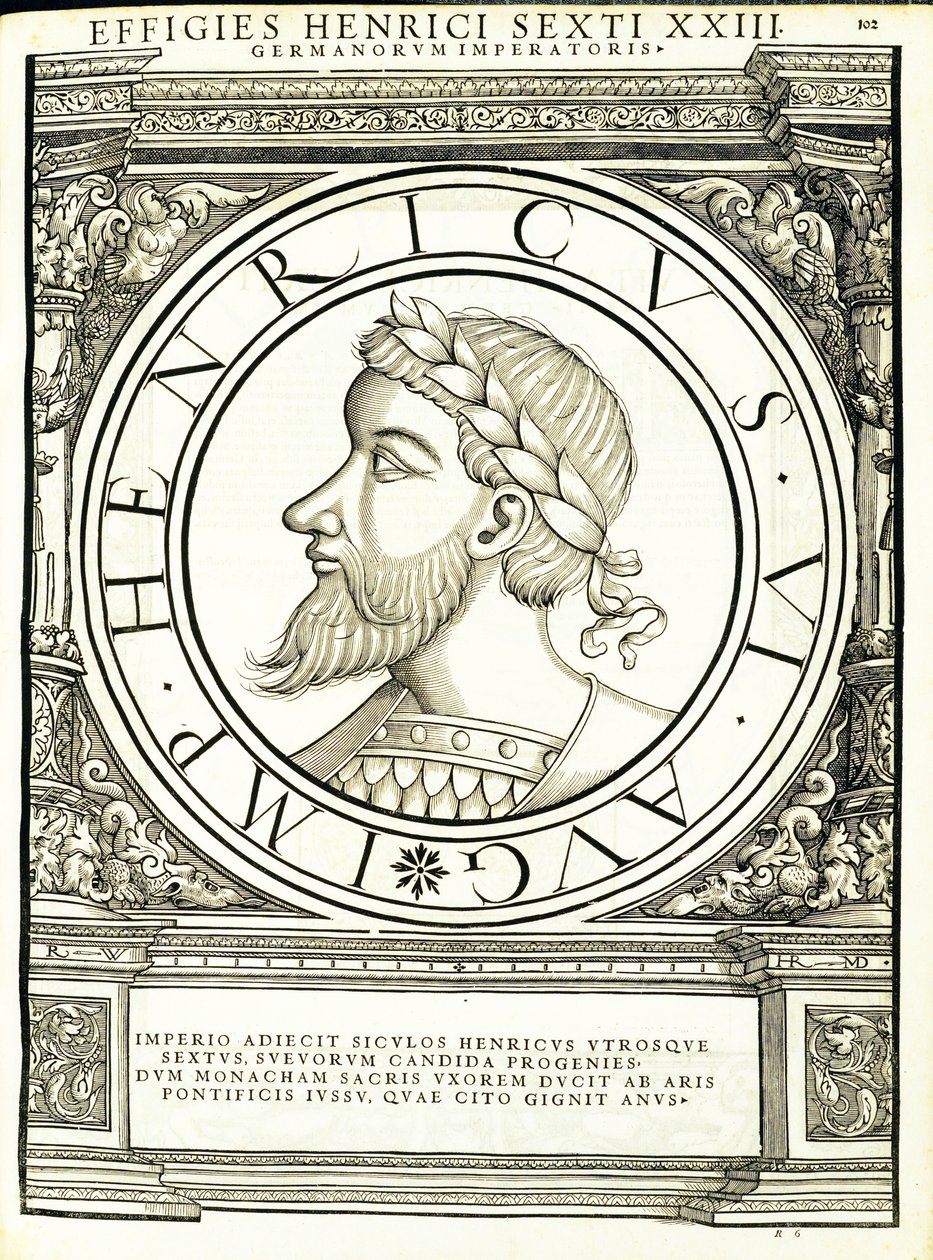 Enrico VI, illustrazione da Imperatorum romanorum omnium orientalium et occidentalium verissimae imagines ex antiquis numismatis, xilografia di Rudolph Wyssenbach, stampata da Andreas Gesner, Zurigo da Hans Rudolf Manuel Deutsch