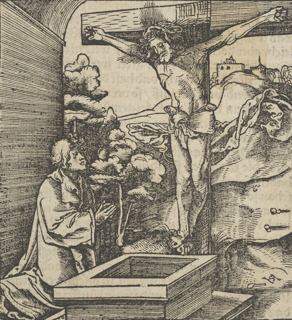 Un uomo che prega davanti a un crocifisso, da Hymmelwagen auff dem, wer wol lebt..., 1517 da Hans Schäufelein the Elder