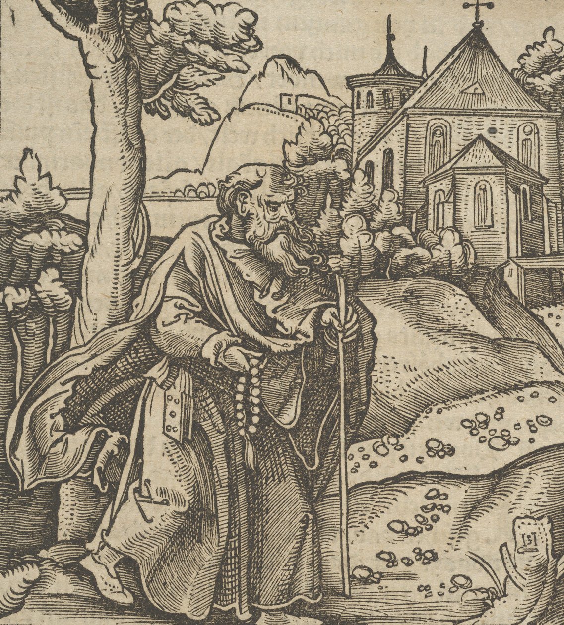 Un vecchio pellegrino che cammina verso destra, da Hymmelwagen auff dem, wer wol lebt... da Hans Schäufelein the Elder