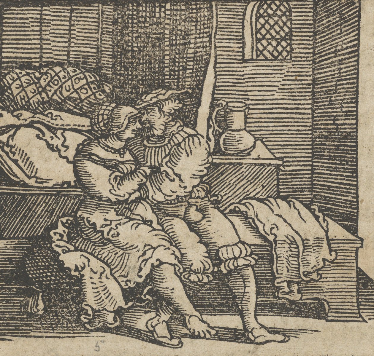 Spinneloccio rinchiuso in un baule, su cui sono seduti sua moglie e Zeppa, da The... da Hans Schäufelein the Elder