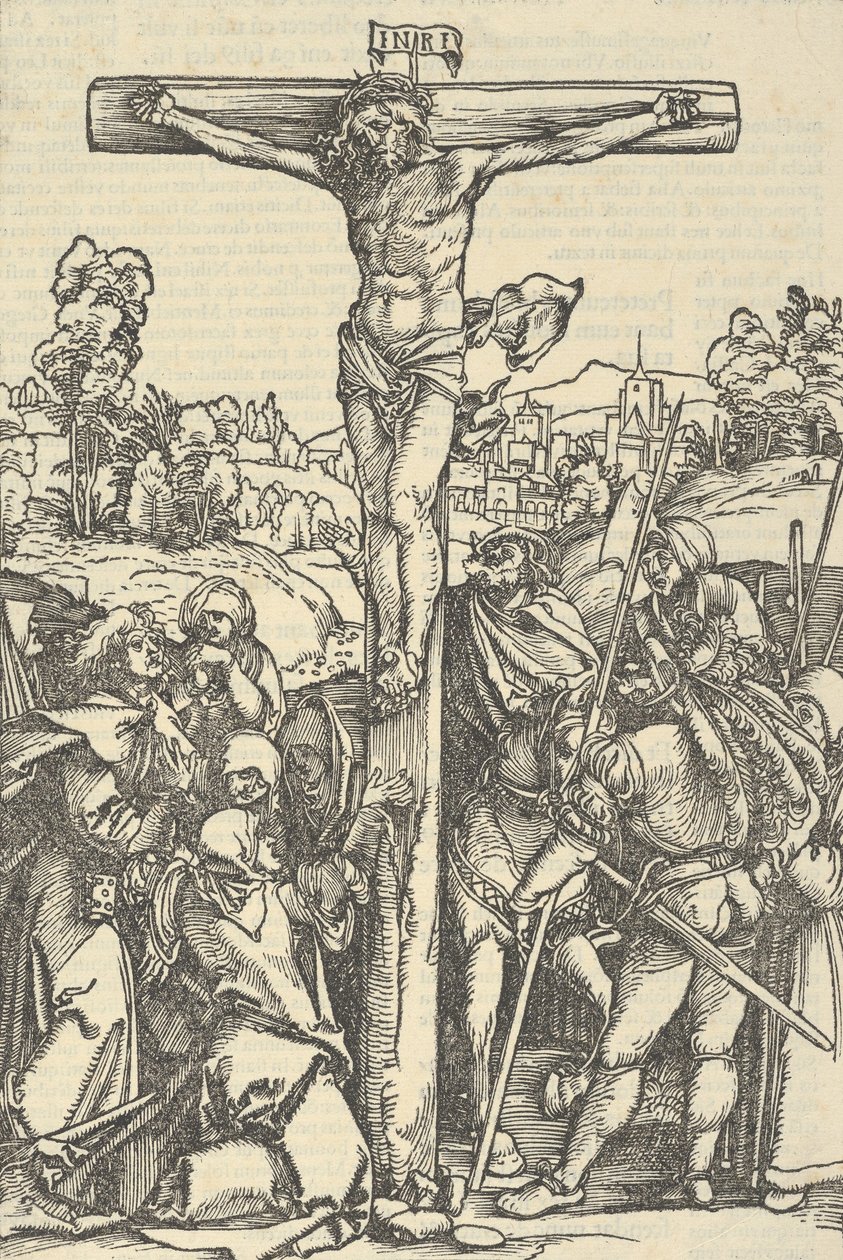 La crocifissione, da Der beschlossen gart des rosenkranzes marie da Hans Schäufelein the Elder