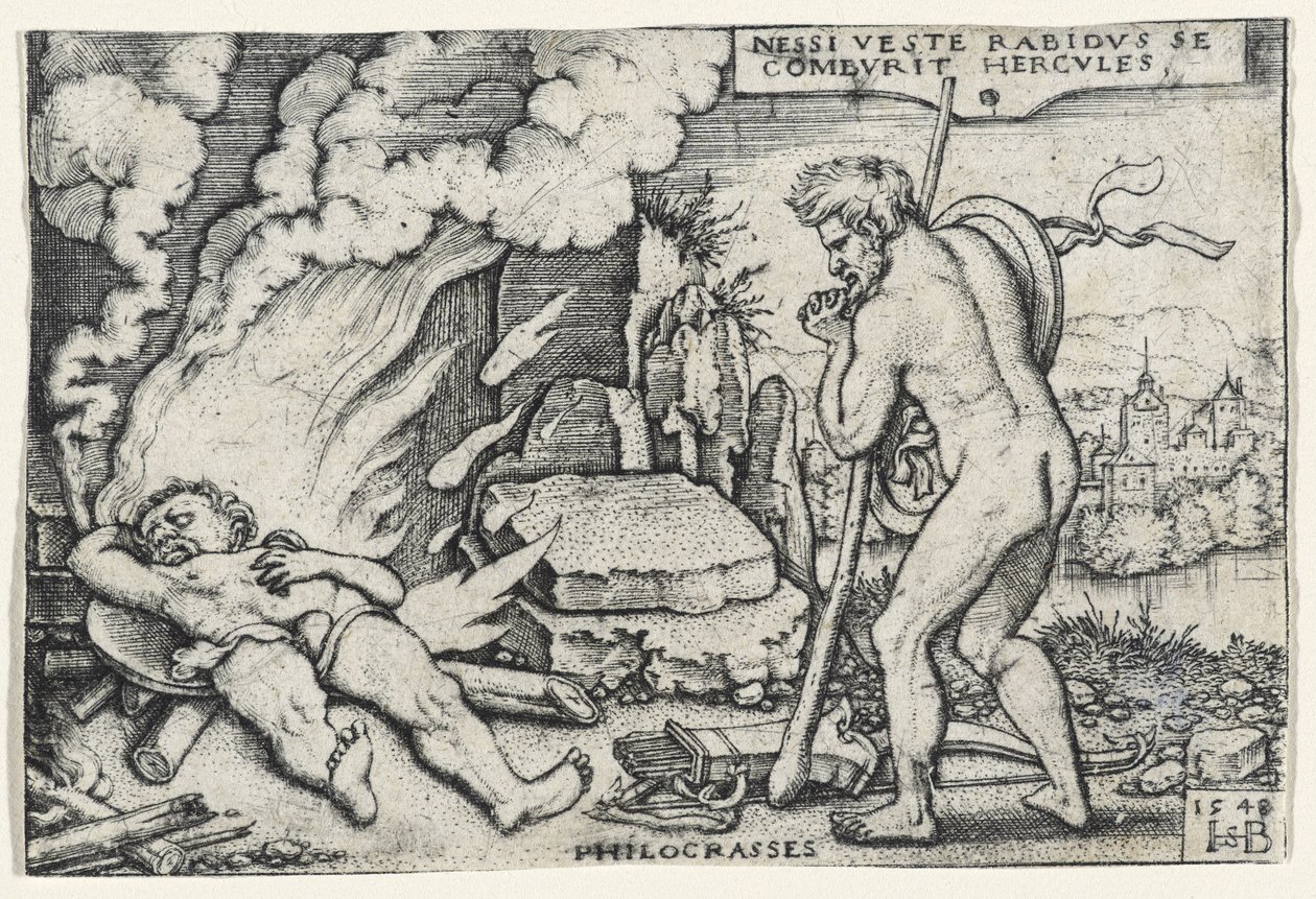 Morte di Ercole, 1548 (incisione su carta vergata montata su cartone) da Hans Sebald Beham