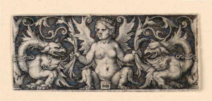 Fregio con figura femminile alata e due galli grotteschi da Hans Sebald Beham
