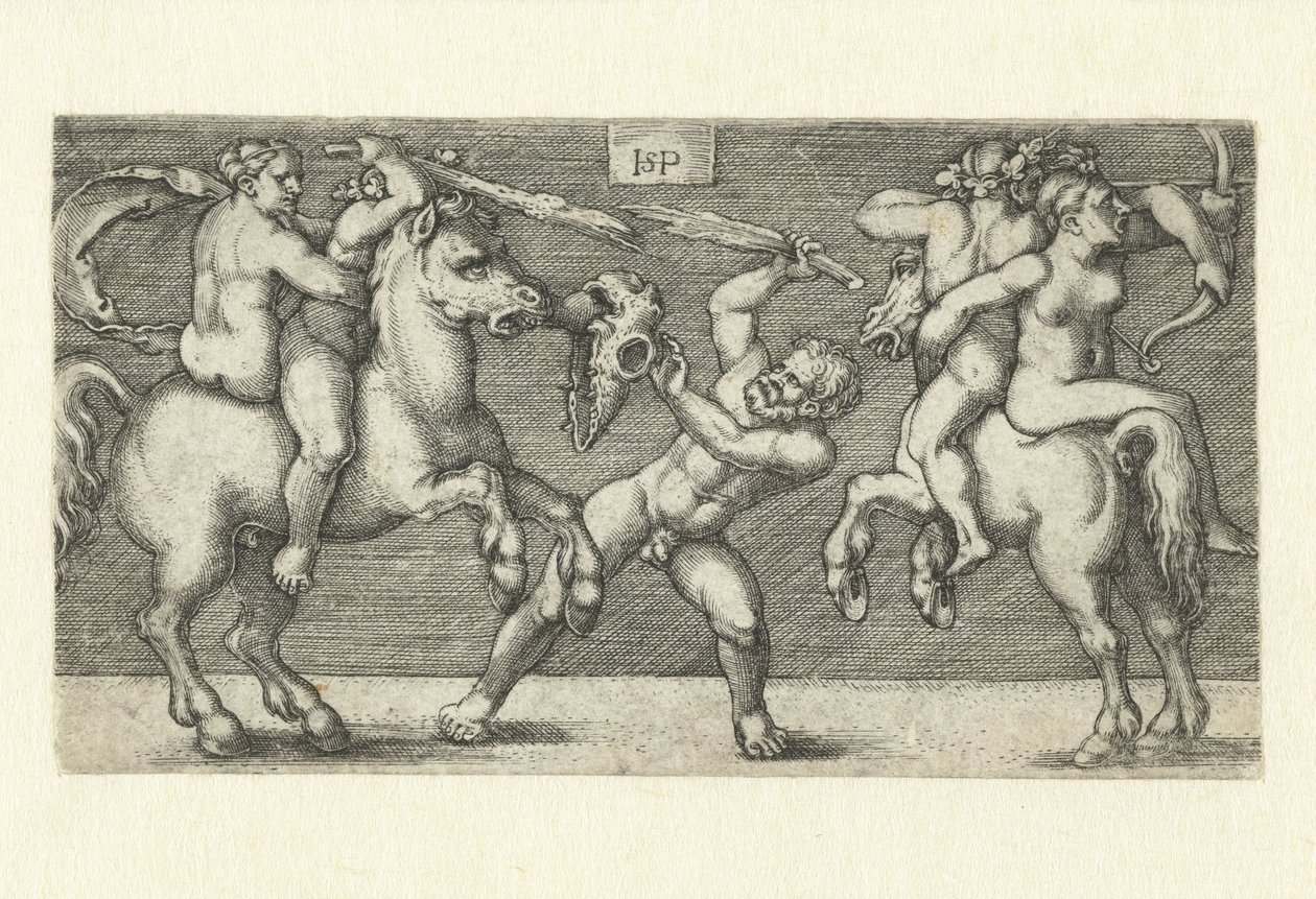 Combattimento tra due uomini con donne a cavallo e un uomo in piedi da Hans Sebald Beham
