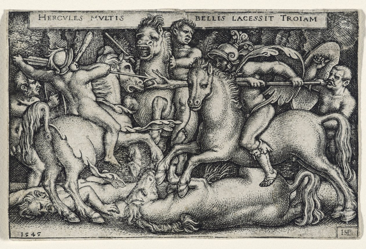 Ercole combatte contro i Troiani, 1545 (incisione su carta vergata) da Hans Sebald Beham