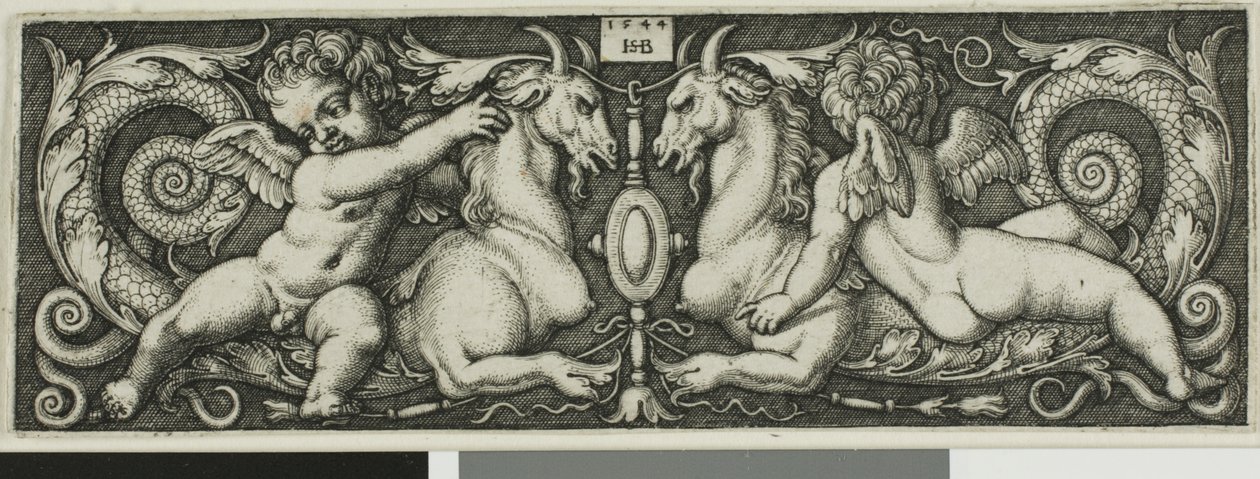 Ornamento con due geni che cavalcano bestie chimeriche da Hans Sebald Beham