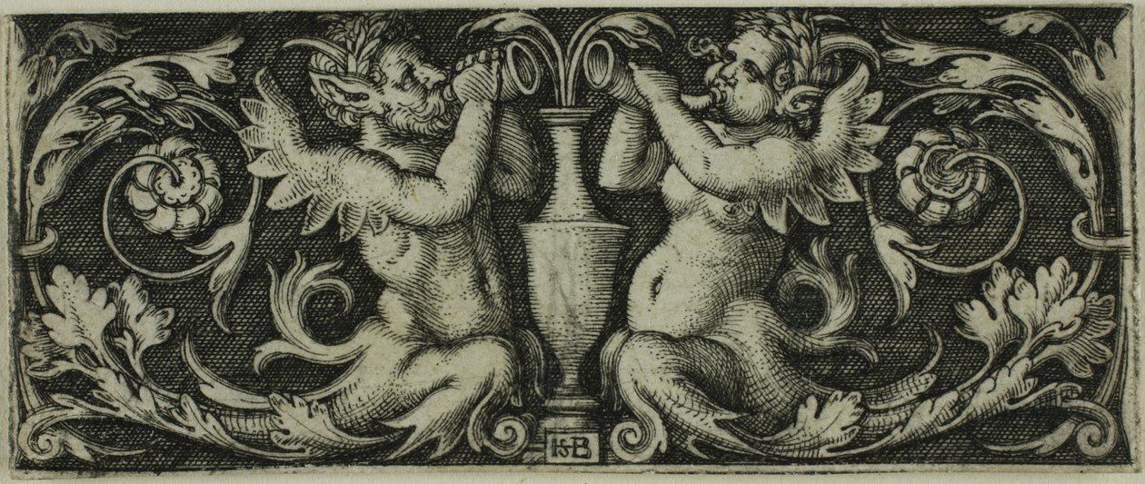 Ornamento con due tritoni, da Quattro Vignette da Hans Sebald Beham