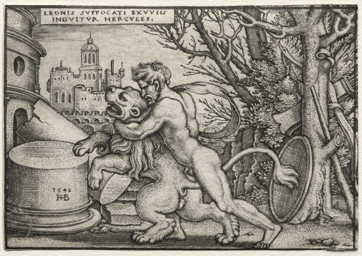 Le fatiche di Ercole: Ercole strangola il leone di Nemea da Hans Sebald Beham
