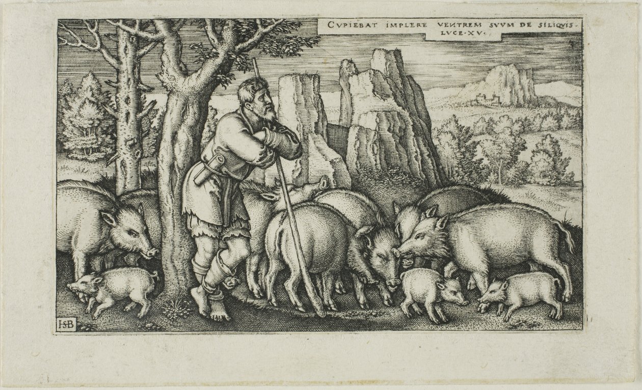 Il figliol prodigo con i porci, tavola tre da La storia del figliol prodigo da Hans Sebald Beham