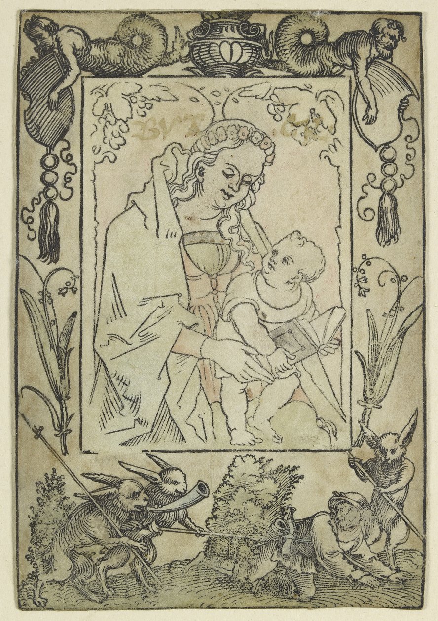 La Vergine e il Bambino circondati da un bordo con un cacciatore e alcuni conigli (xilografia, ritoccata in acquerello, stampata su pergamena) da Hans Sebald Beham
