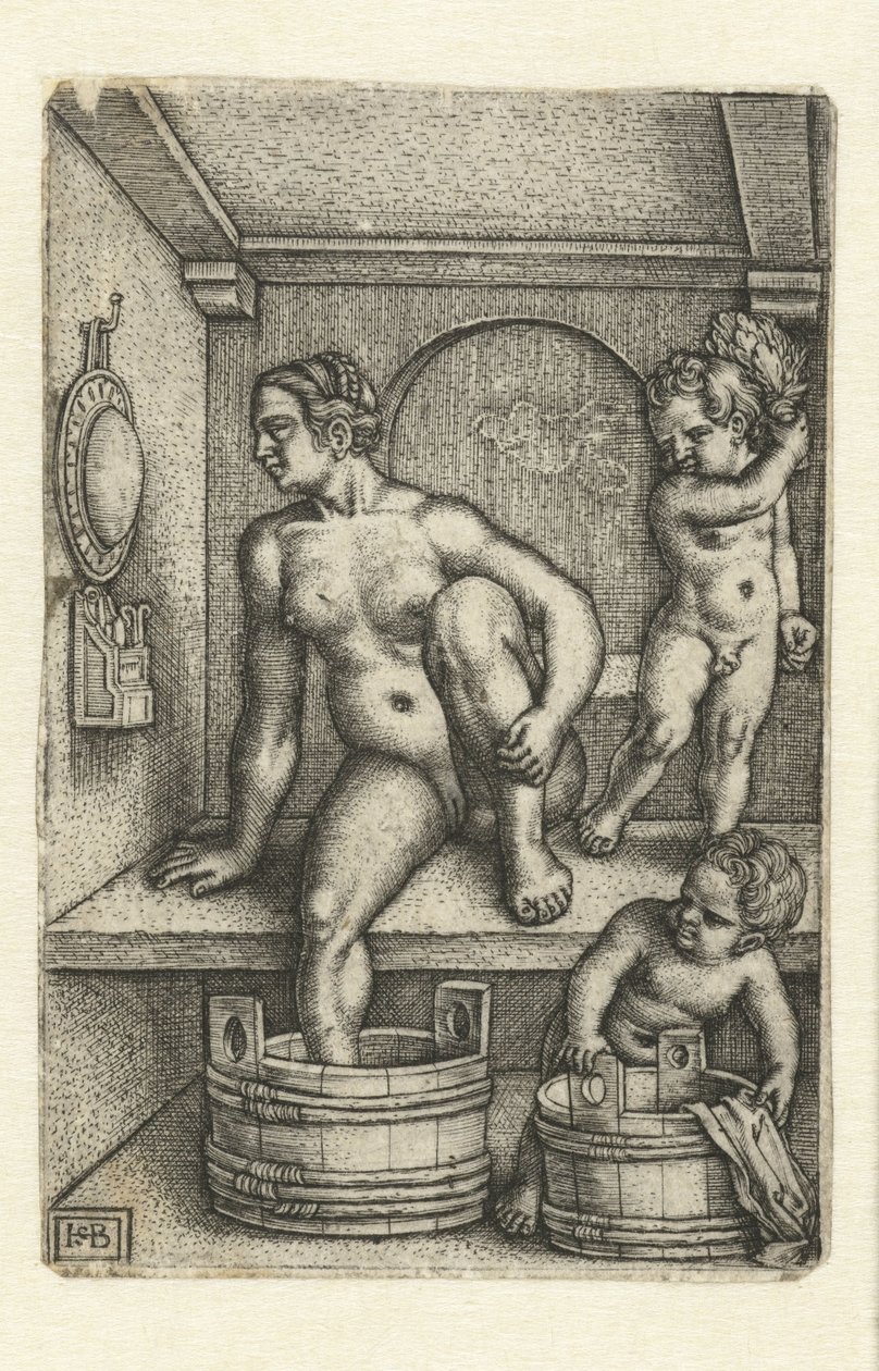Donna con due bambini in bagno da Hans Sebald Beham